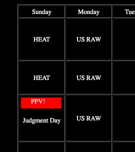 table of wrestling events with a marquee tag