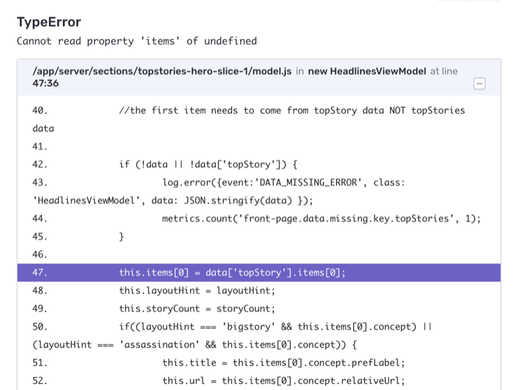 Screenshot of stack trace in Sentry