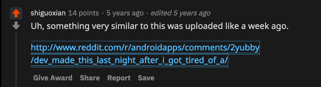 User commenting on Reddit thread of copied app